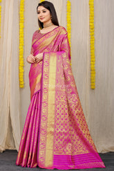 Unveiled Elegance Golden Worked Pink Heavy Banarasi Saree